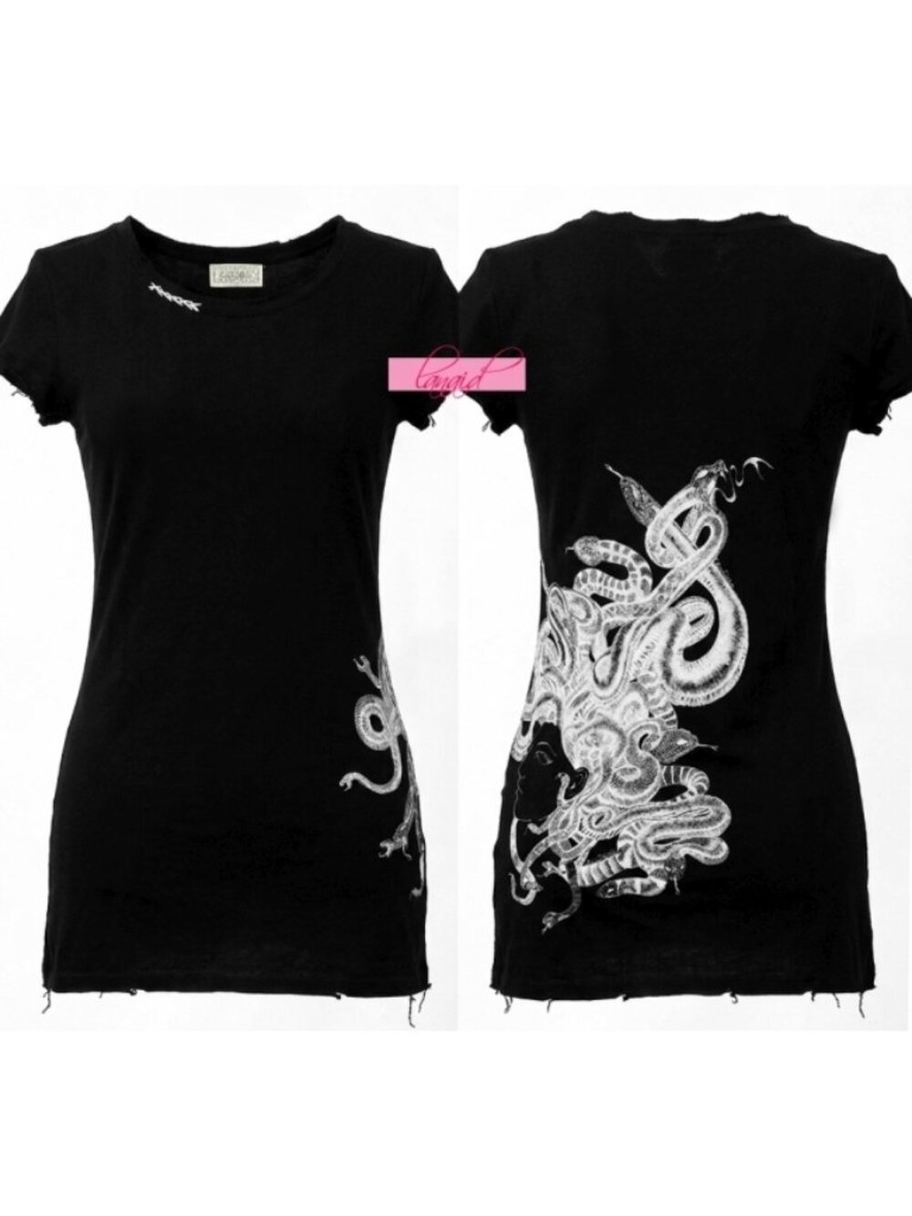 Lauren Moshi Medusa Tee Black Distressed Snakes Fitted Gothic Edgy Tunic Top S